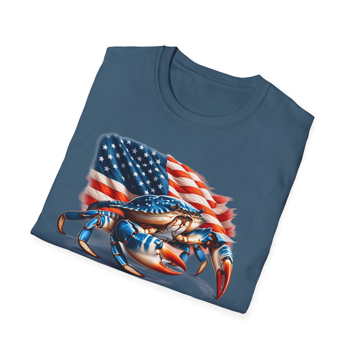 Patriotic Men's T-Shirt with Blue Crab and American Flag Design