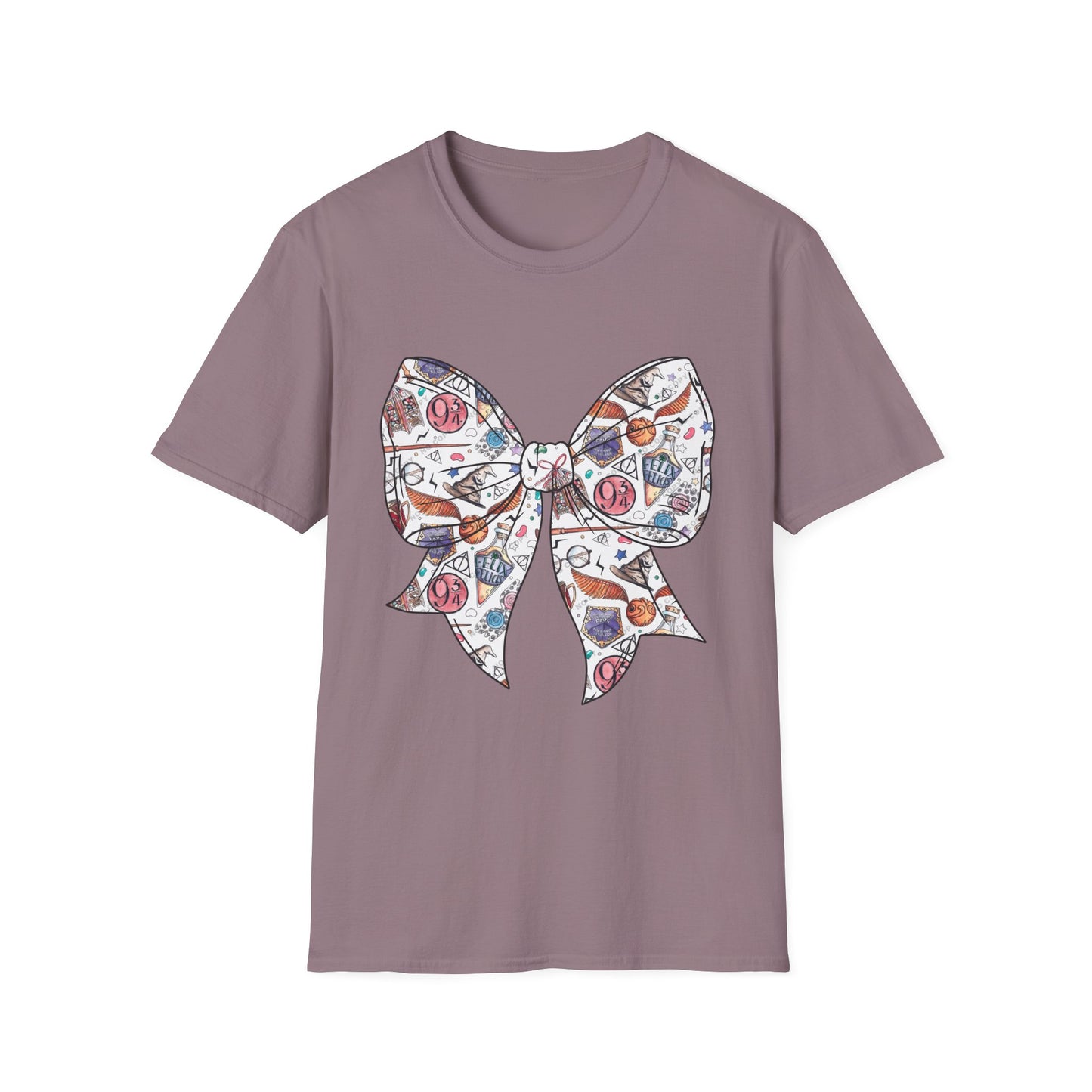 Colorful Magical Bow Tee - Unisex Softstyle T-Shirt, Harry Potter Shirt, Wizard Graphic Top, Hogwarts Tee, Magical Theme T-Shirt for Fans