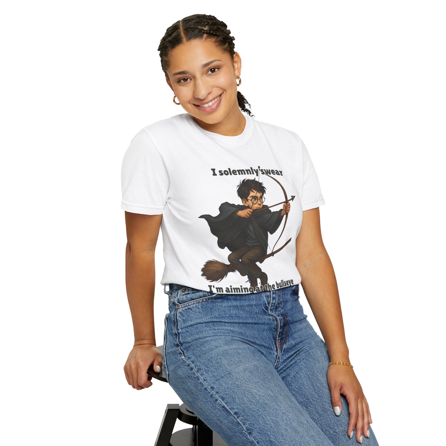Humorous Wizard Archery T-Shirt, Quirky Gift for Fans, Magic Lover Tee, Cartoon Character Shirt, Ideal for Birthdays & Events