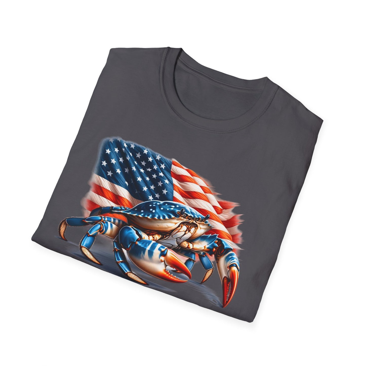 Patriotic Men's T-Shirt with Blue Crab and American Flag Design