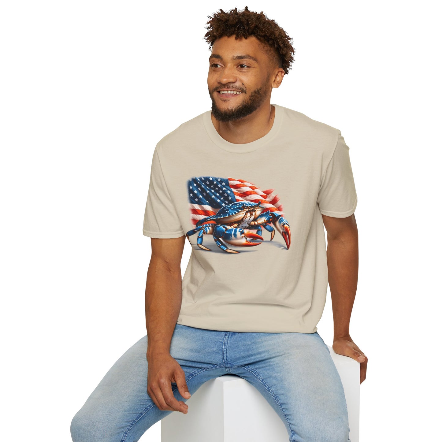 Patriotic Men's T-Shirt with Blue Crab and American Flag Design