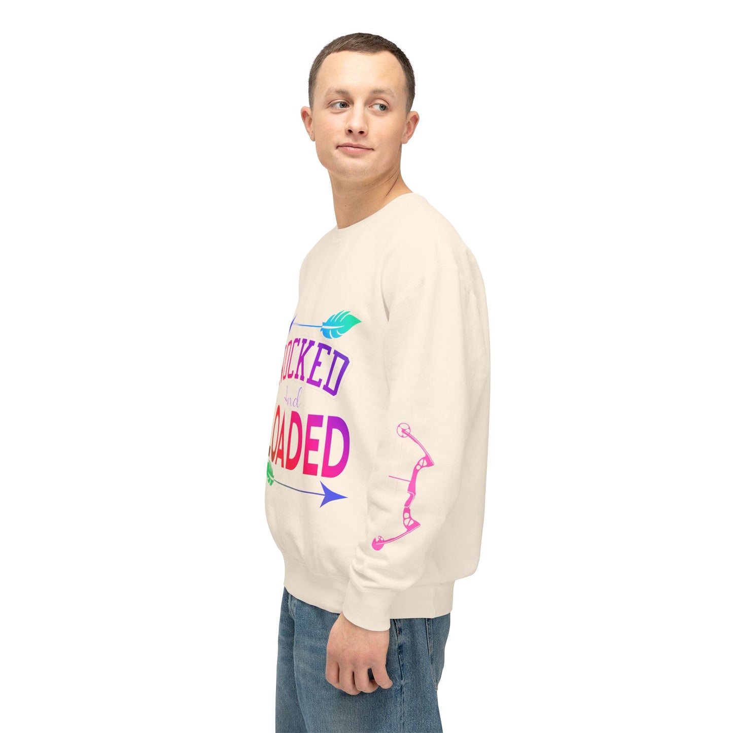 Nocked and Loaded Unisex Lightweight Crewneck Sweatshirt With Bows on Sleeves