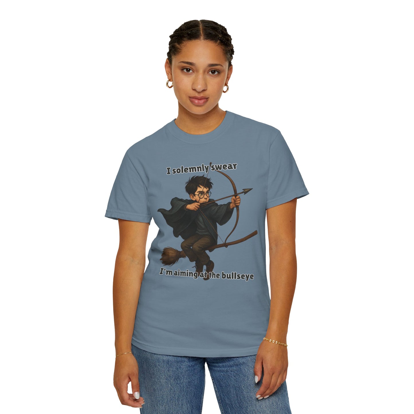 Humorous Wizard Archery T-Shirt, Quirky Gift for Fans, Magic Lover Tee, Cartoon Character Shirt, Ideal for Birthdays & Events