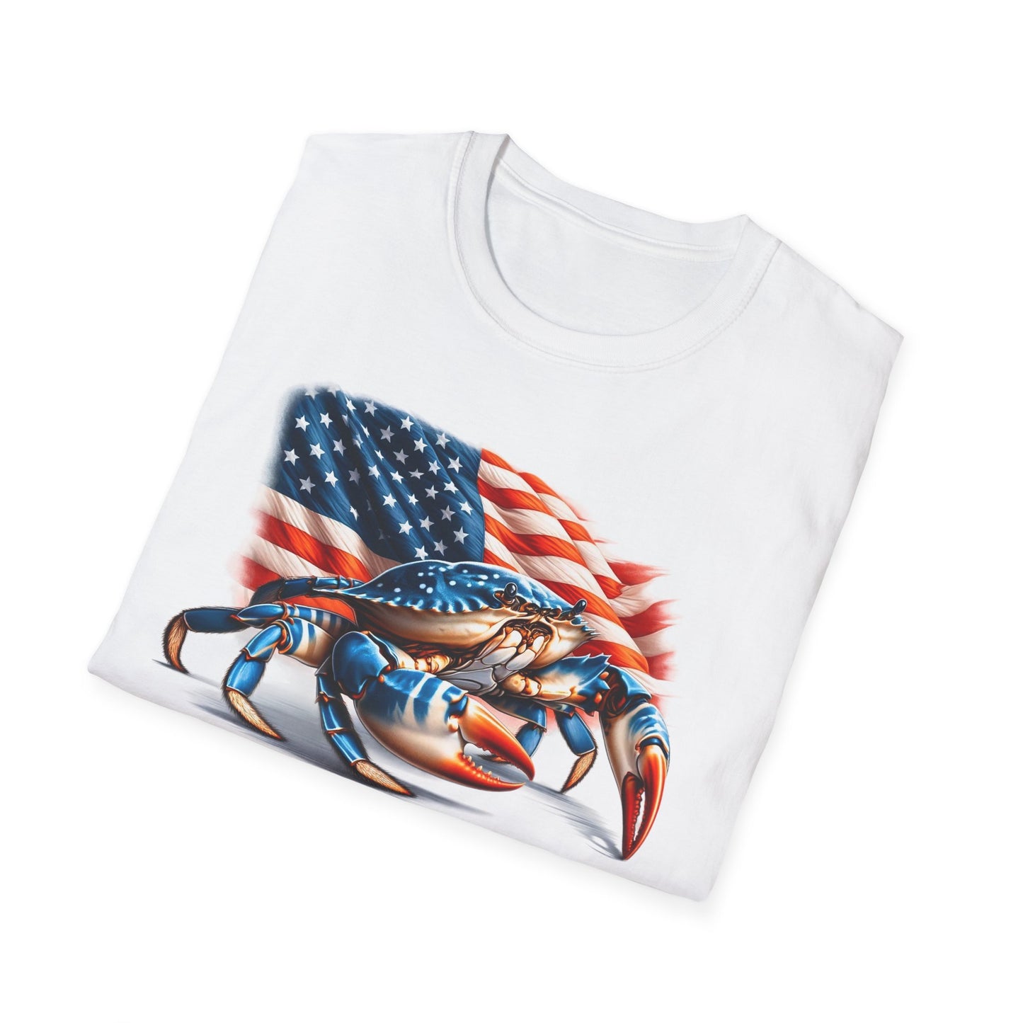Patriotic Men's T-Shirt with Blue Crab and American Flag Design