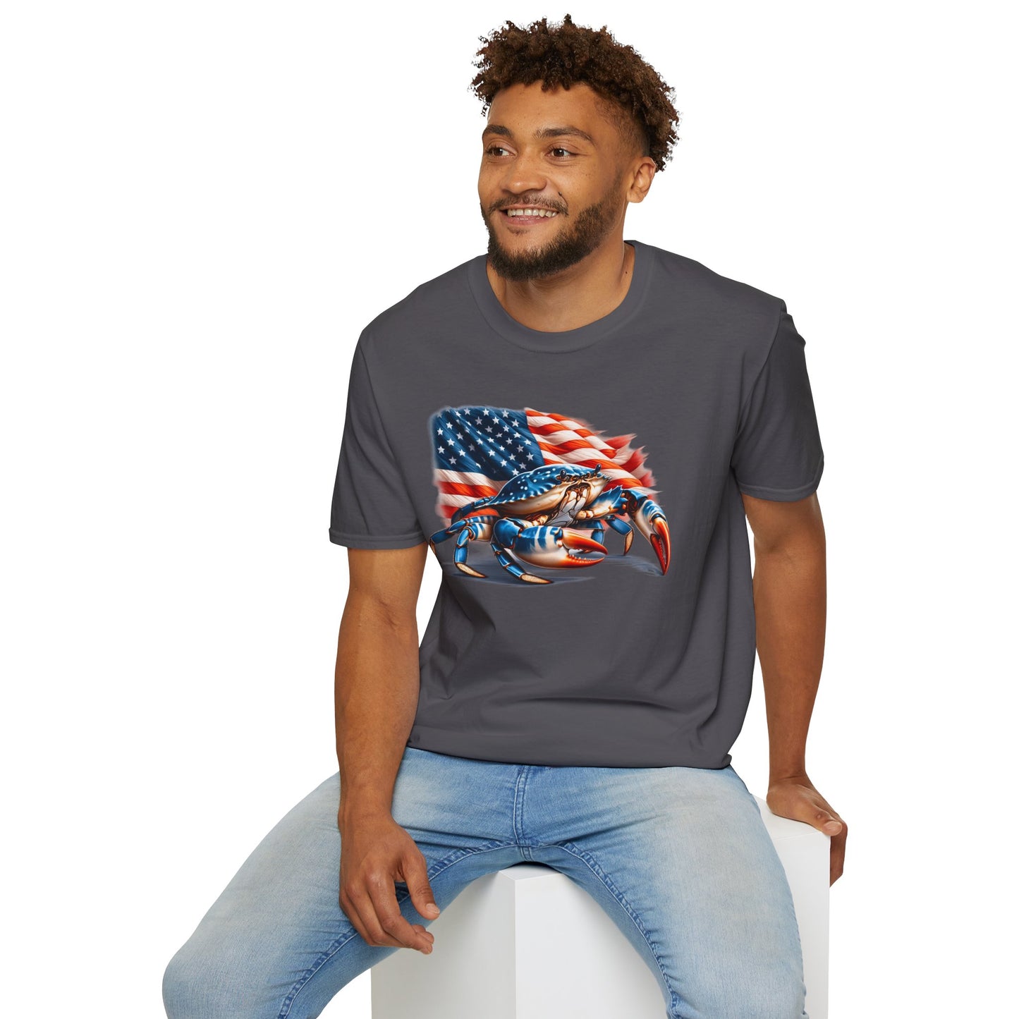 Patriotic Men's T-Shirt with Blue Crab and American Flag Design