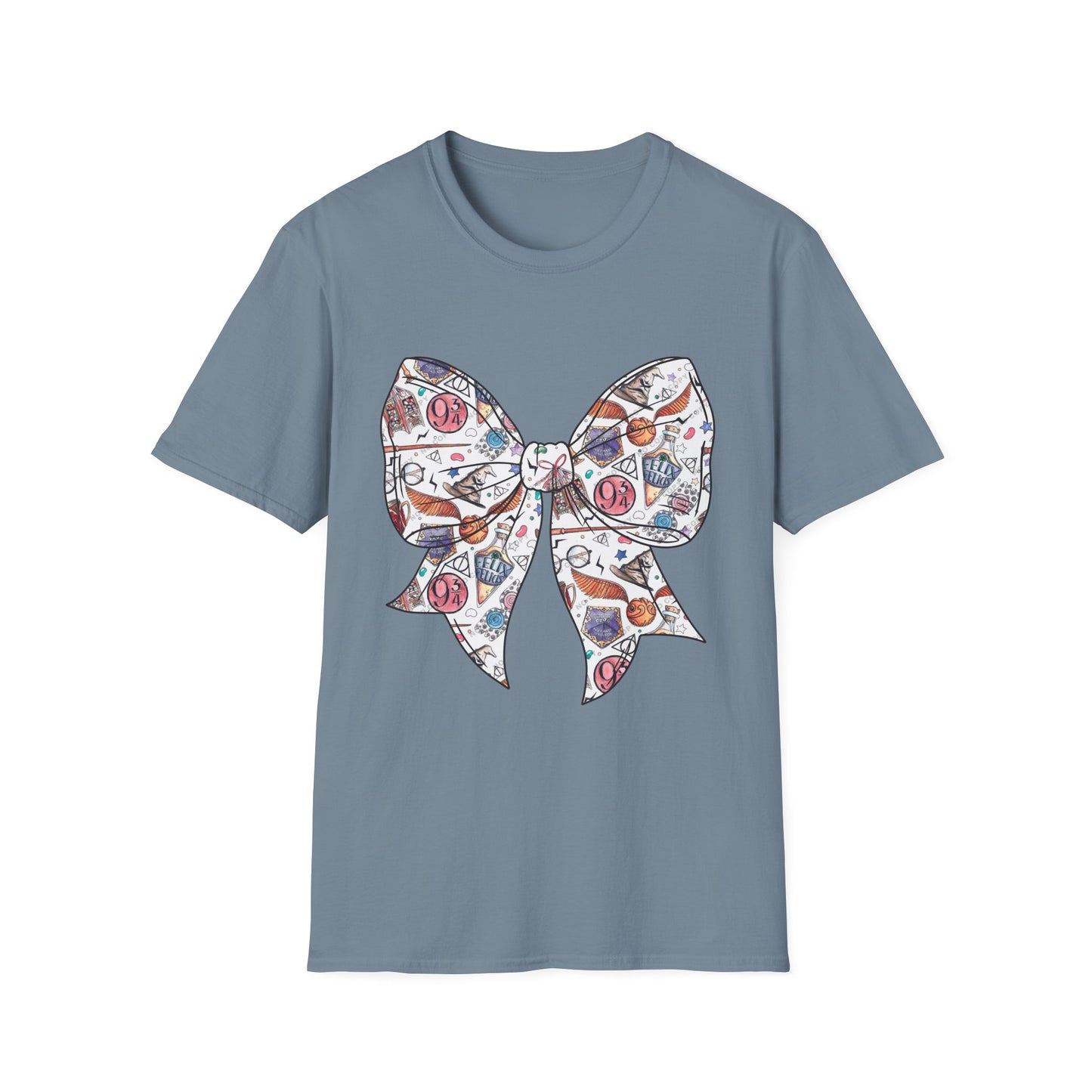 Colorful Magical Bow Tee - Unisex Softstyle T-Shirt, Harry Potter Shirt, Wizard Graphic Top, Hogwarts Tee, Magical Theme T-Shirt for Fans