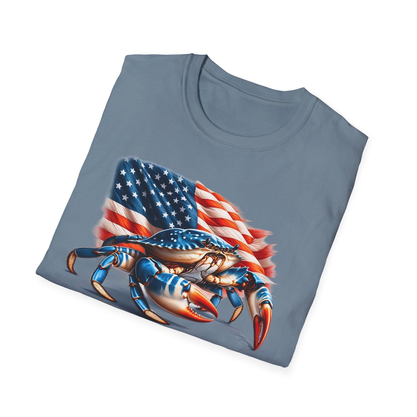 Patriotic Men's T-Shirt with Blue Crab and American Flag Design