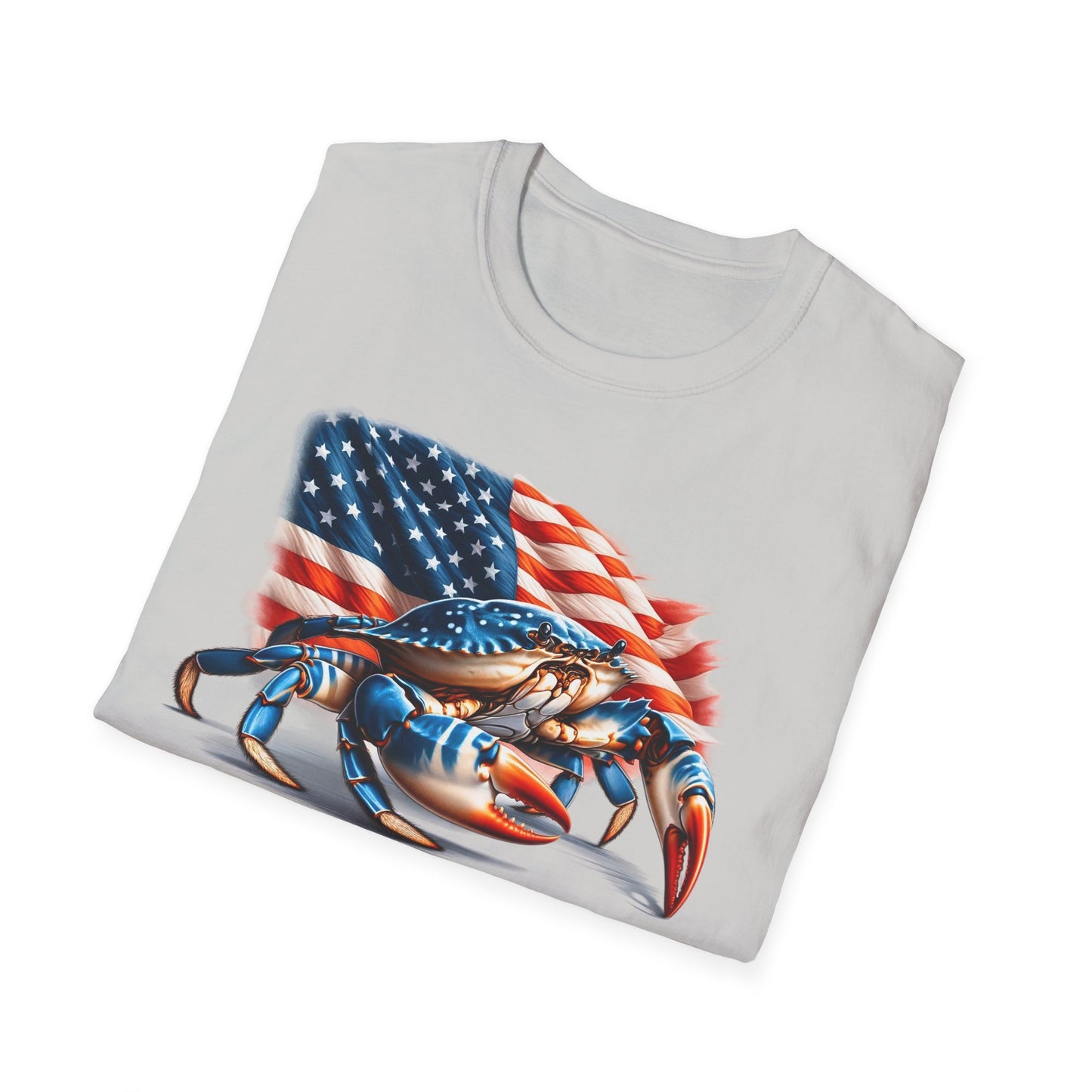Patriotic Men's T-Shirt with Blue Crab and American Flag Design
