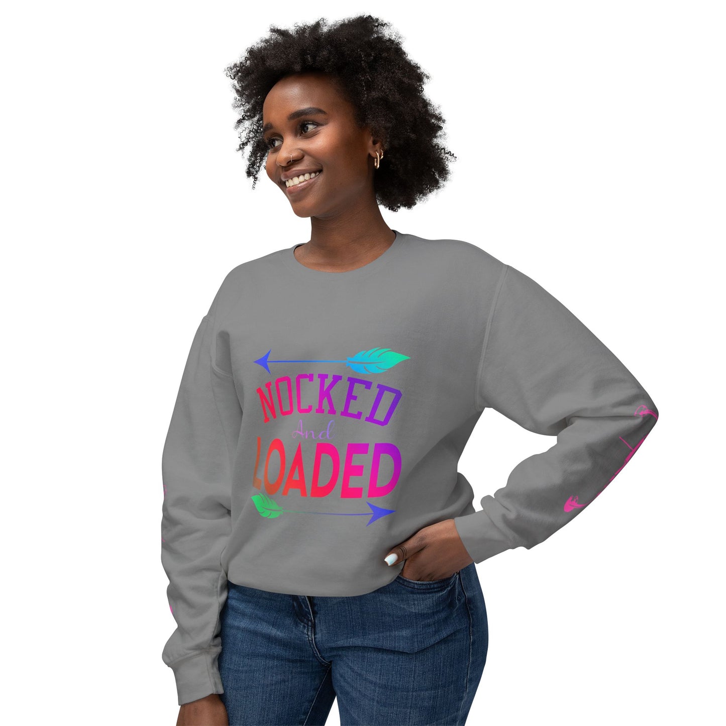 Nocked and Loaded Unisex Lightweight Crewneck Sweatshirt With Bows on Sleeves