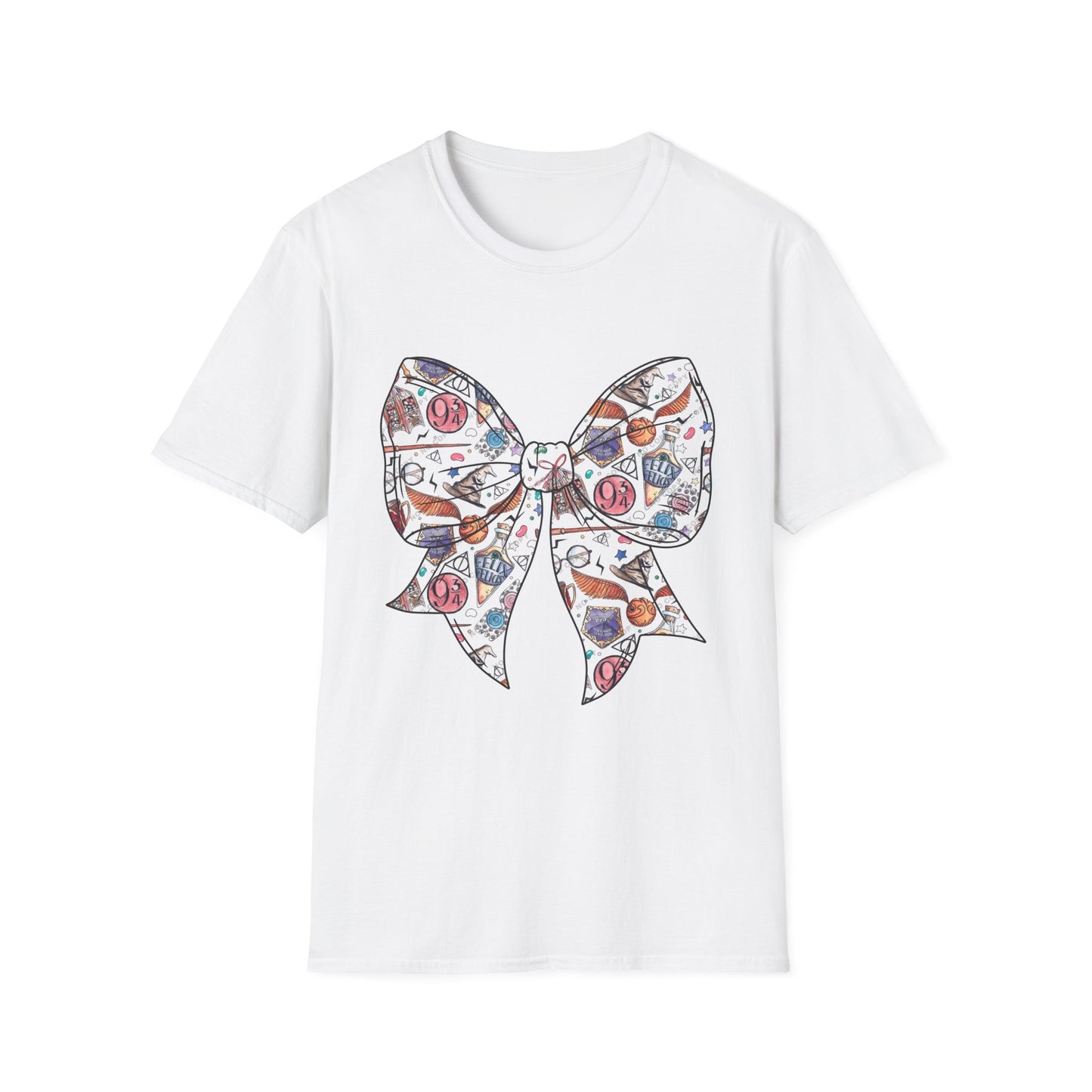 Colorful Magical Bow Tee - Unisex Softstyle T-Shirt, Harry Potter Shirt, Wizard Graphic Top, Hogwarts Tee, Magical Theme T-Shirt for Fans