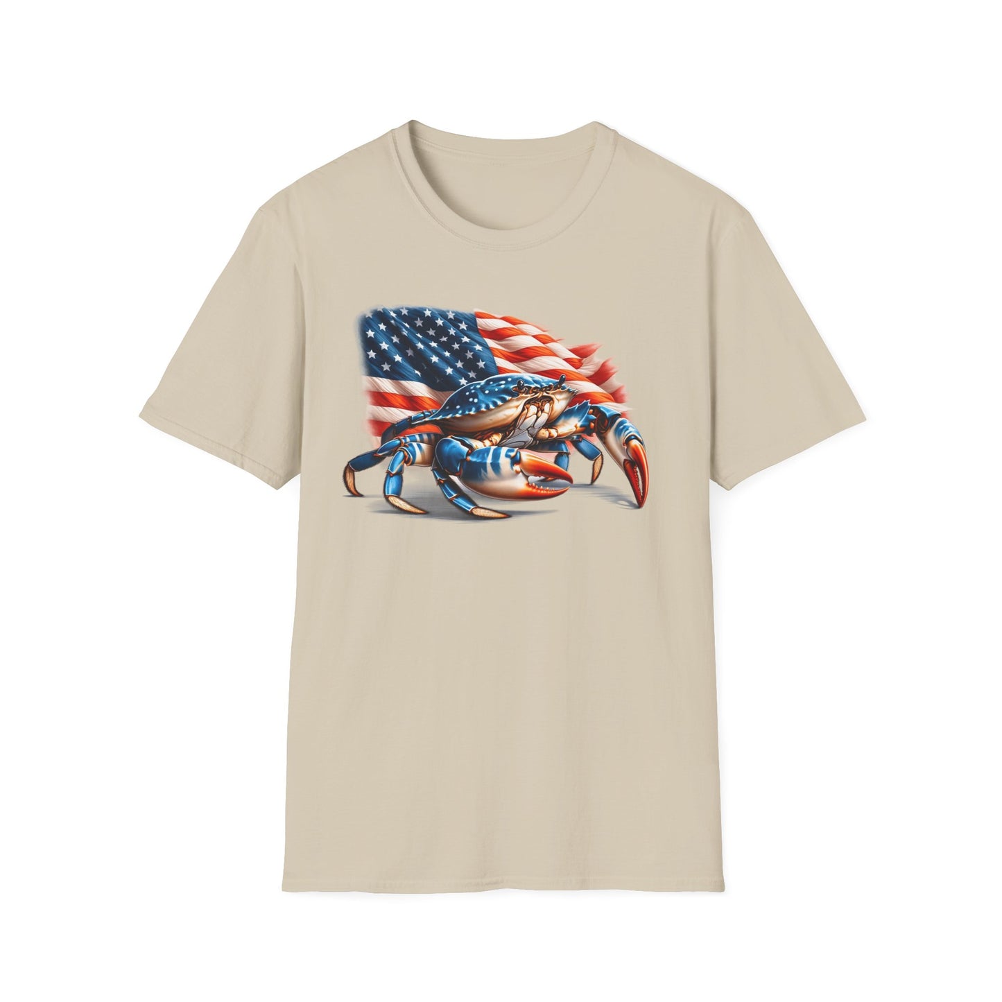 Patriotic Men's T-Shirt with Blue Crab and American Flag Design