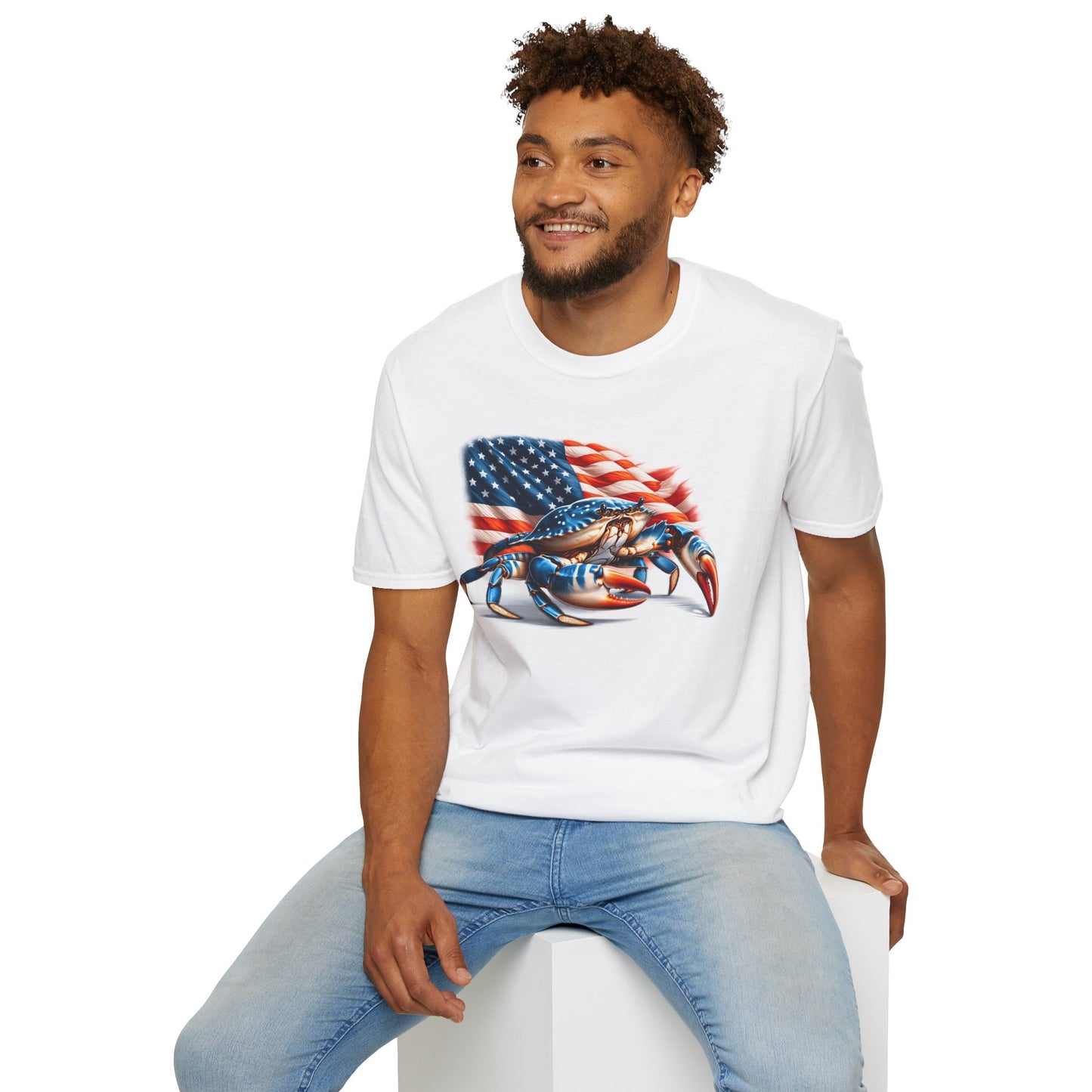 Patriotic Men's T-Shirt with Blue Crab and American Flag Design