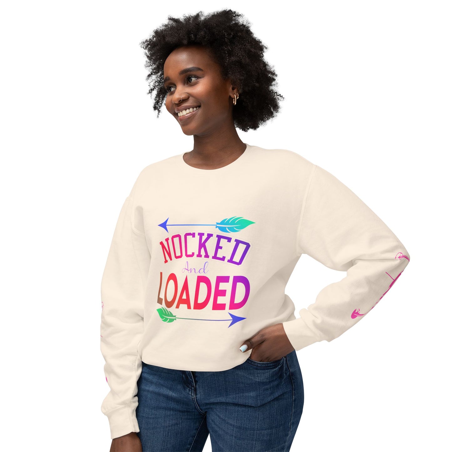 Nocked and Loaded Unisex Lightweight Crewneck Sweatshirt With Bows on Sleeves