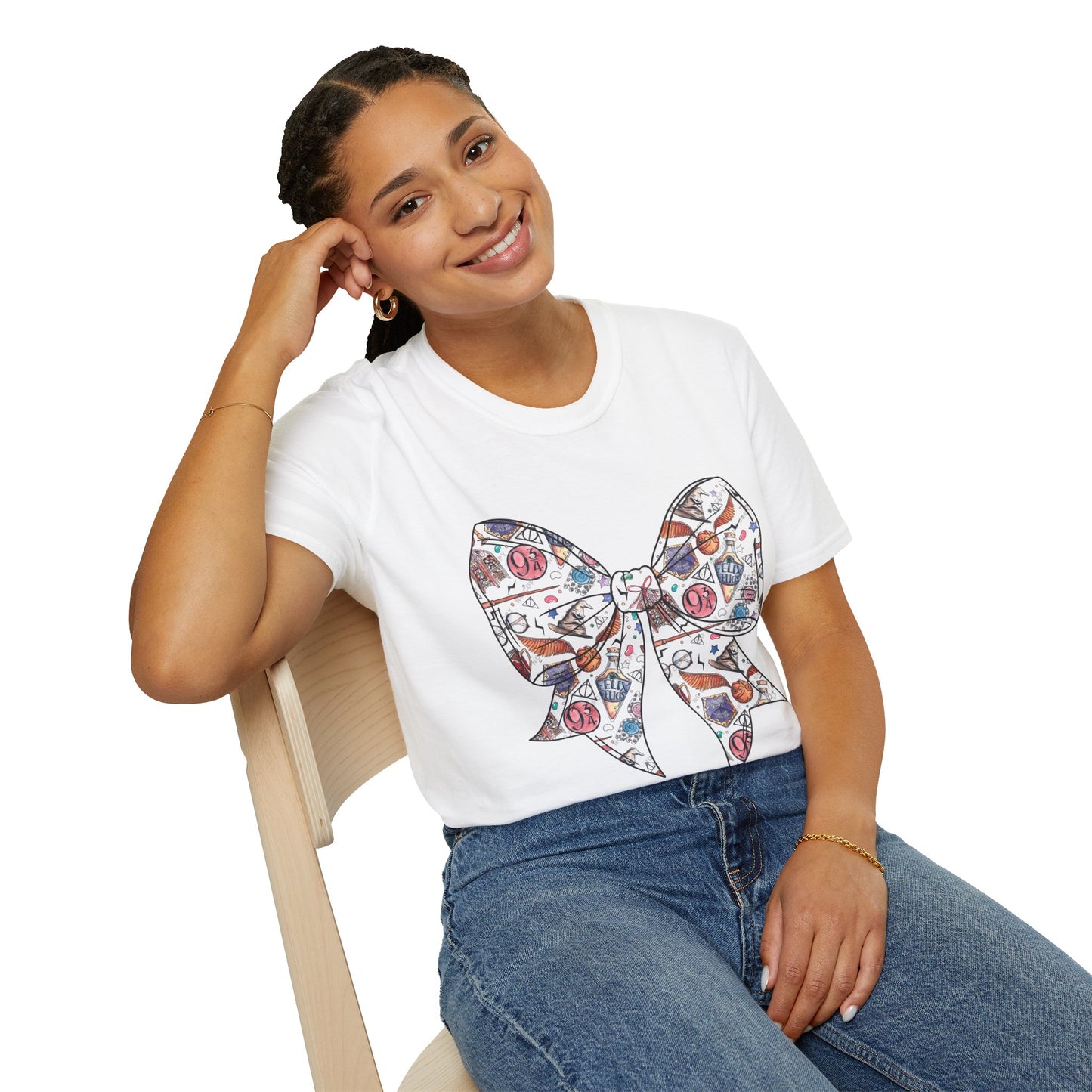 Colorful Magical Bow Tee - Unisex Softstyle T-Shirt, Harry Potter Shirt, Wizard Graphic Top, Hogwarts Tee, Magical Theme T-Shirt for Fans