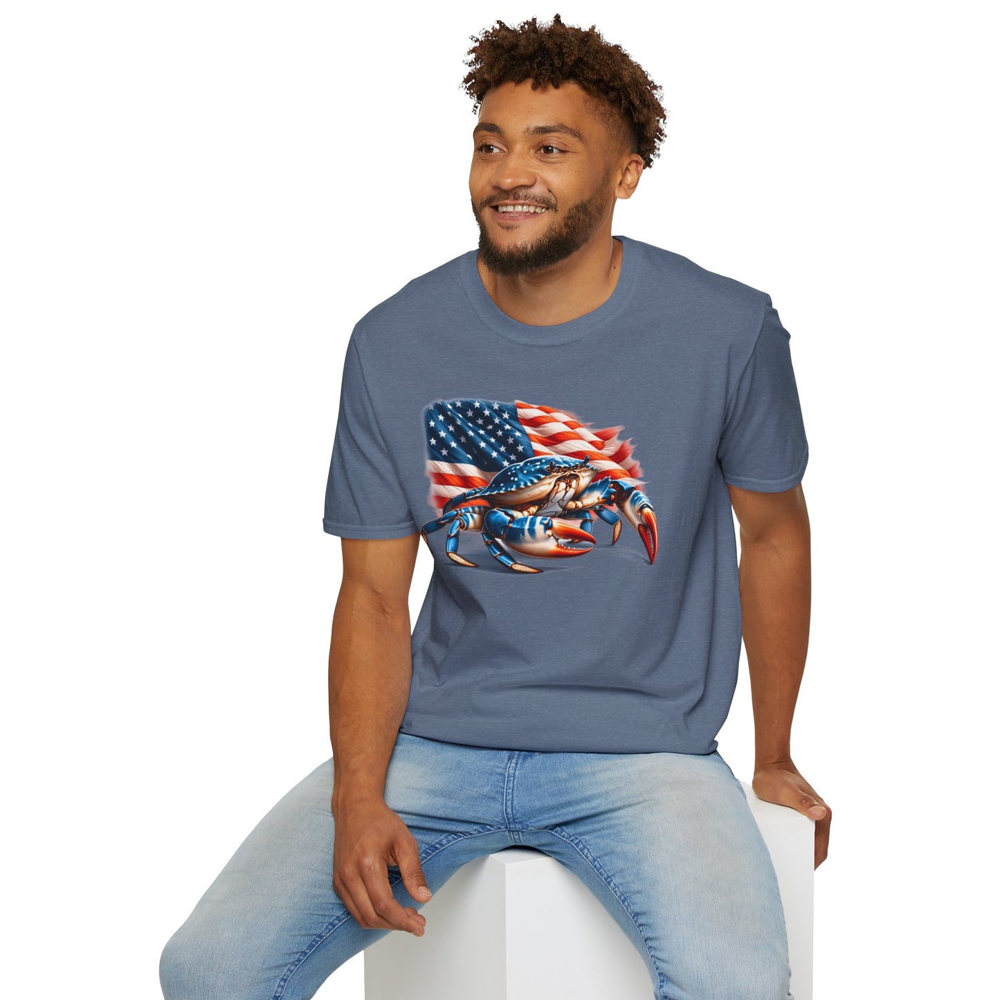 Patriotic Men's T-Shirt with Blue Crab and American Flag Design