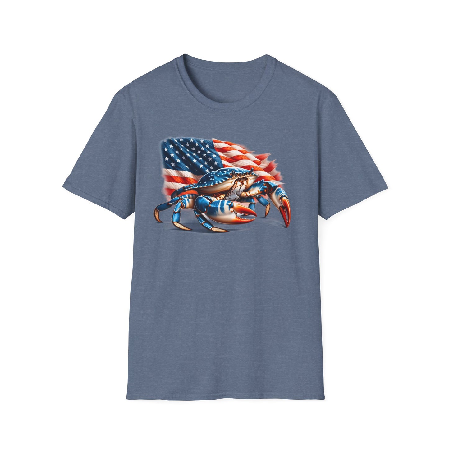 Patriotic Men's T-Shirt with Blue Crab and American Flag Design
