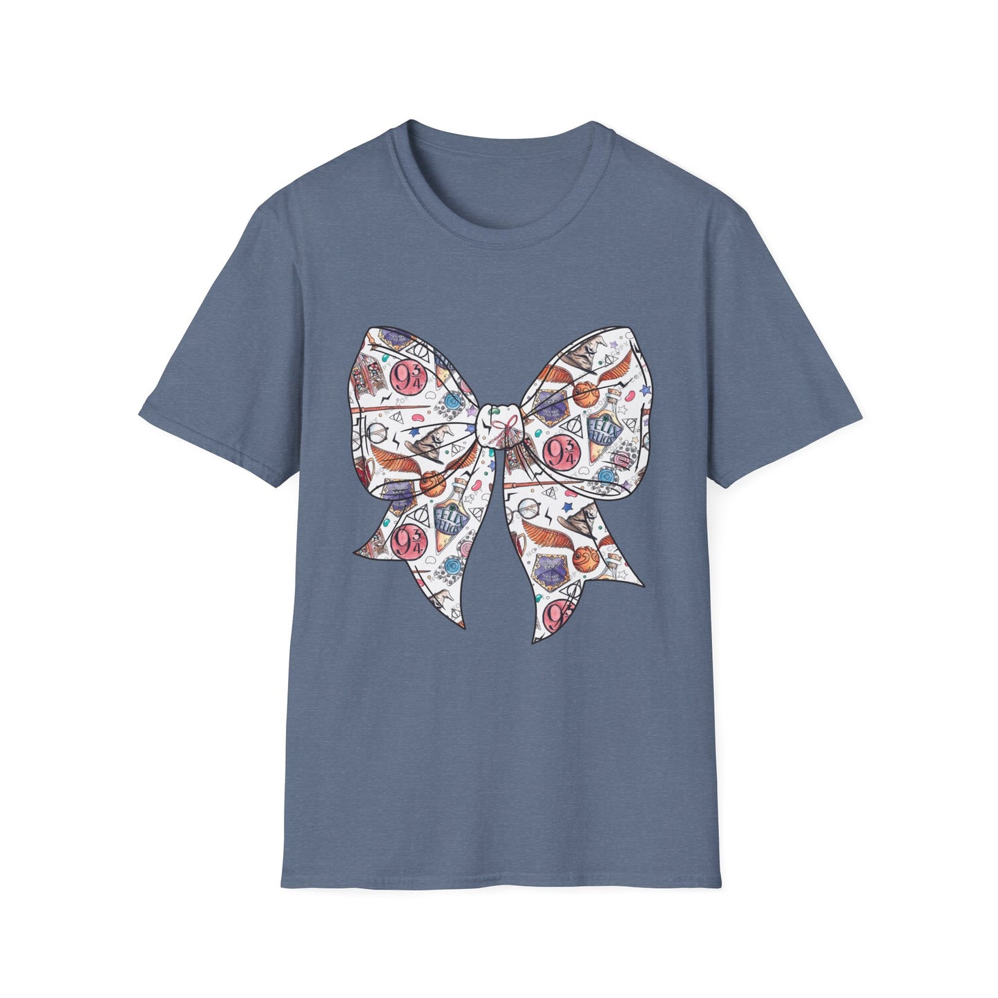Colorful Magical Bow Tee - Unisex Softstyle T-Shirt, Harry Potter Shirt, Wizard Graphic Top, Hogwarts Tee, Magical Theme T-Shirt for Fans