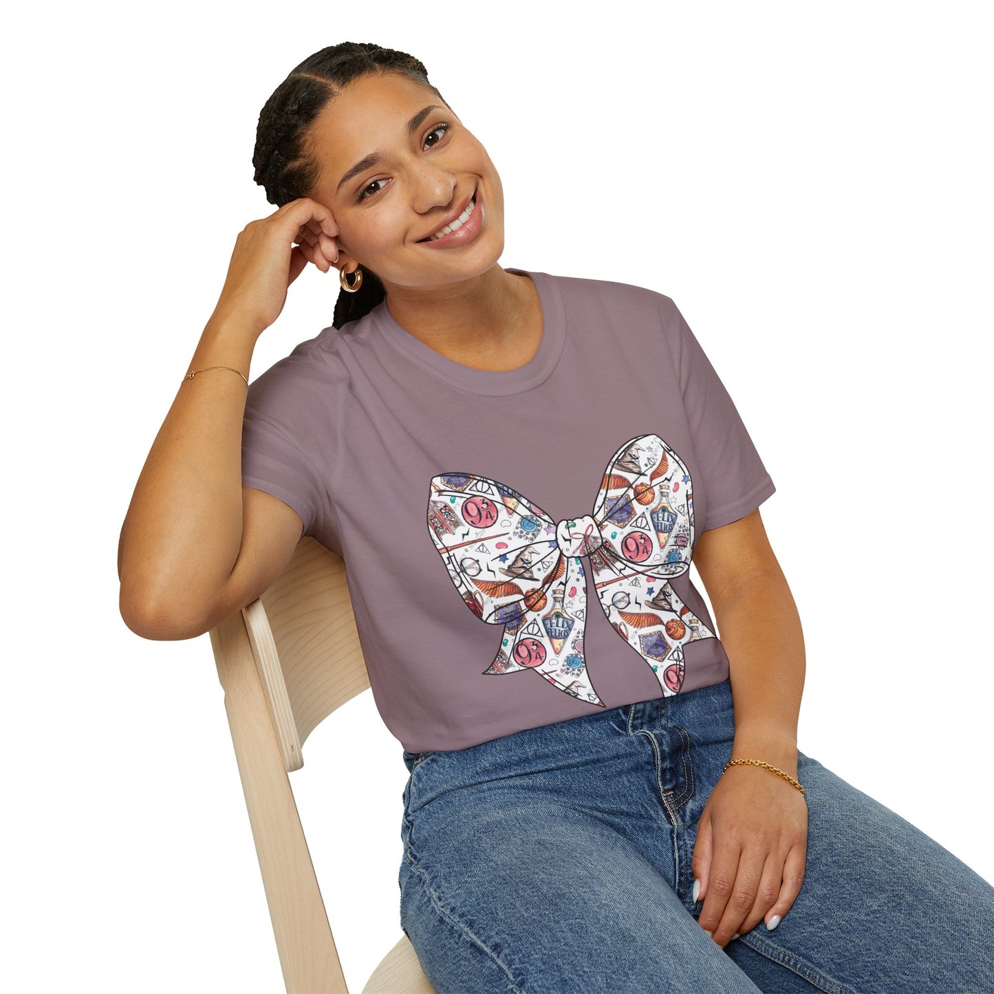 Colorful Magical Bow Tee - Unisex Softstyle T-Shirt, Harry Potter Shirt, Wizard Graphic Top, Hogwarts Tee, Magical Theme T-Shirt for Fans
