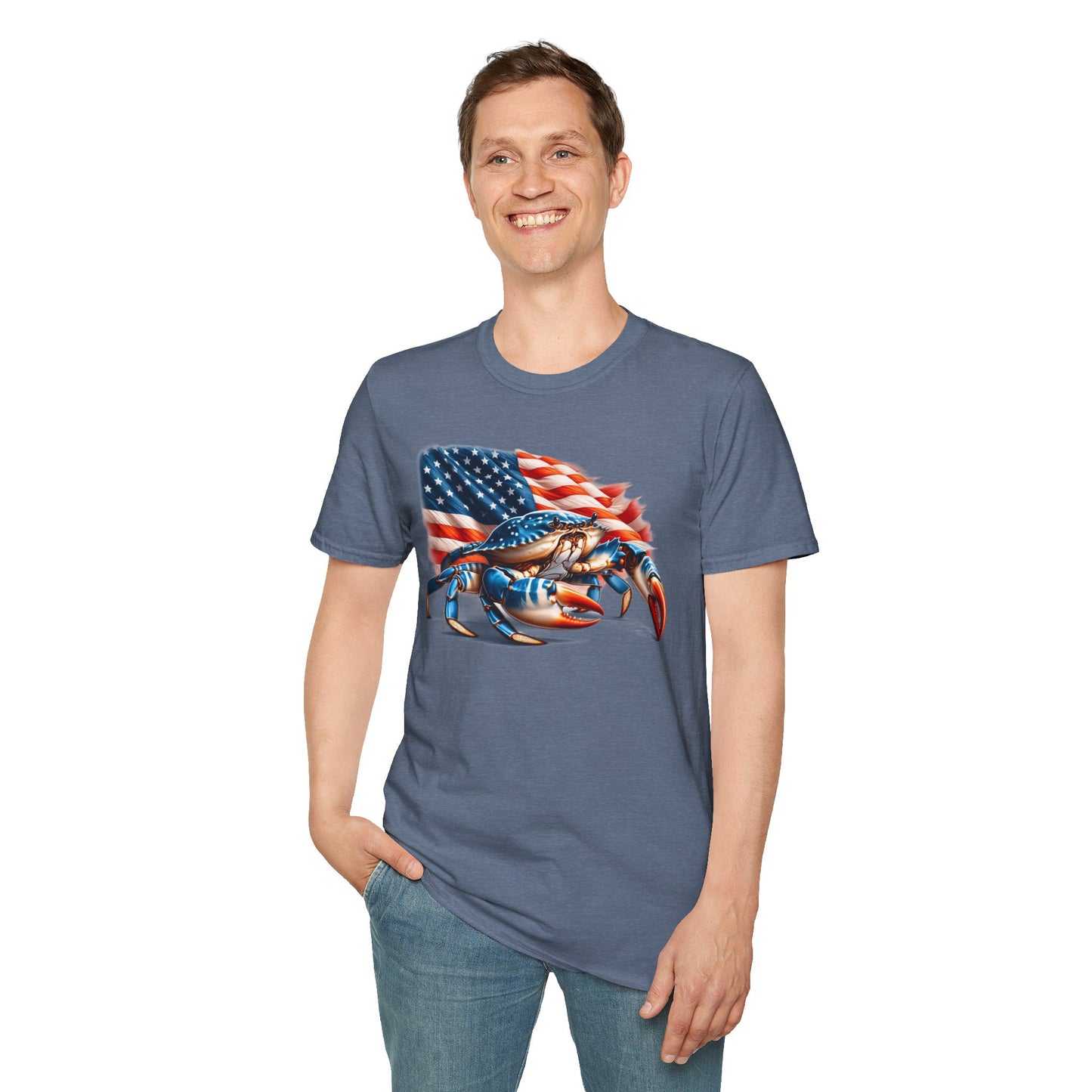 Patriotic Men's T-Shirt with Blue Crab and American Flag Design