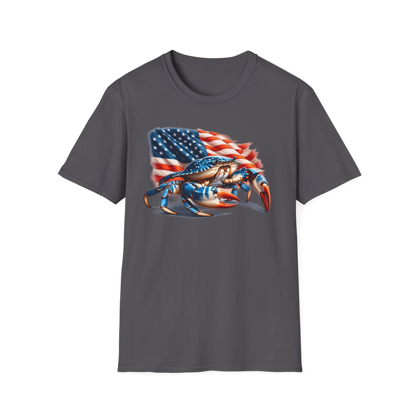 Patriotic Men's T-Shirt with Blue Crab and American Flag Design