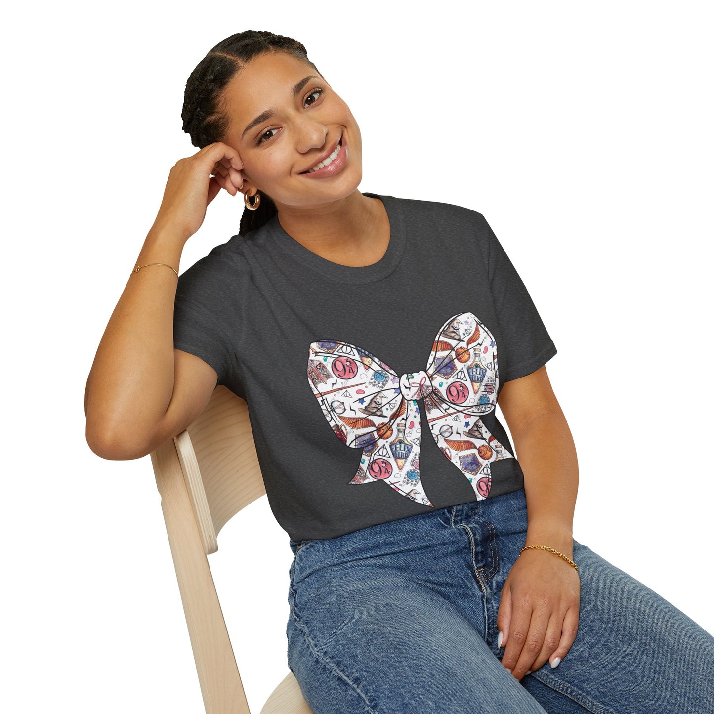 Colorful Magical Bow Tee - Unisex Softstyle T-Shirt, Harry Potter Shirt, Wizard Graphic Top, Hogwarts Tee, Magical Theme T-Shirt for Fans