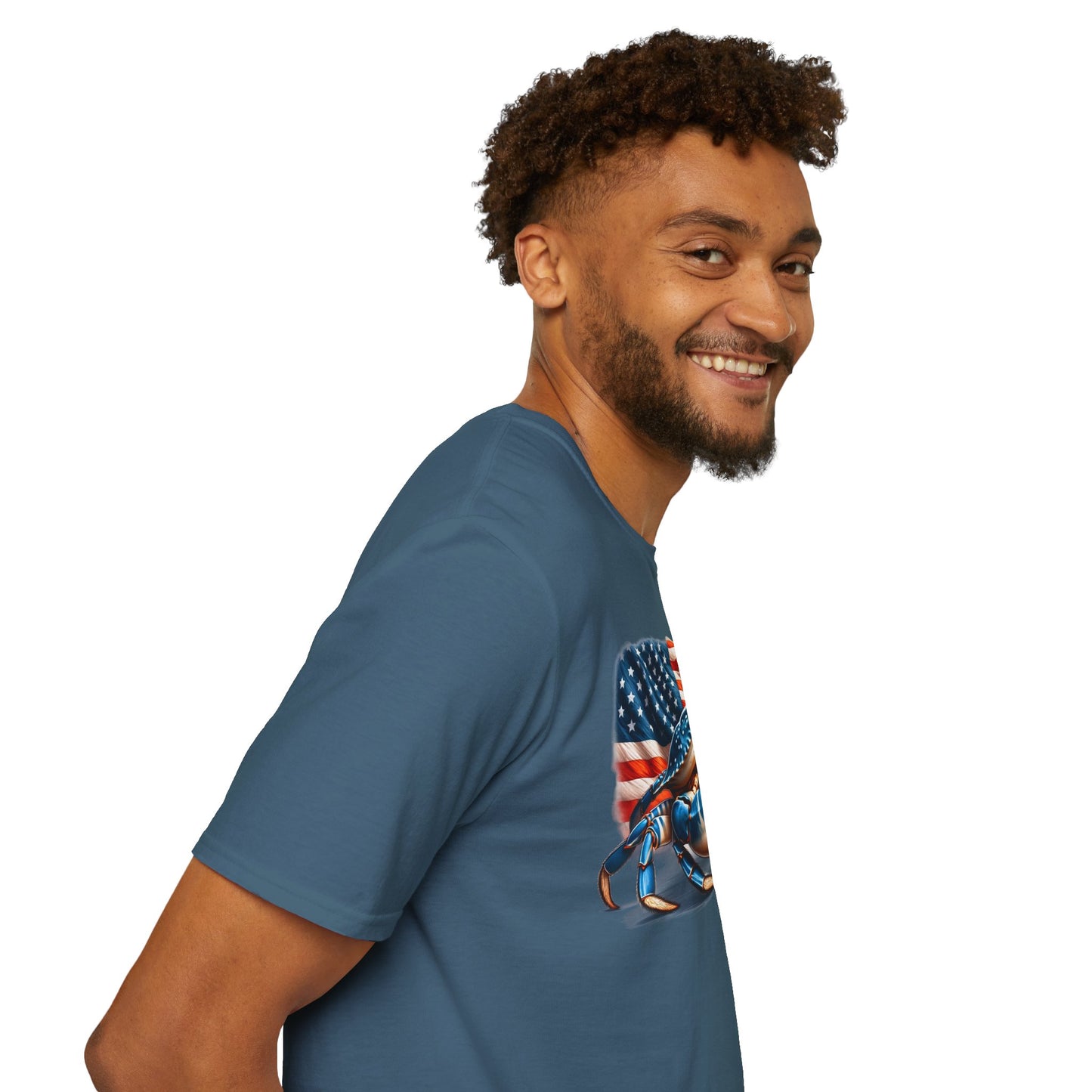 Patriotic Men's T-Shirt with Blue Crab and American Flag Design