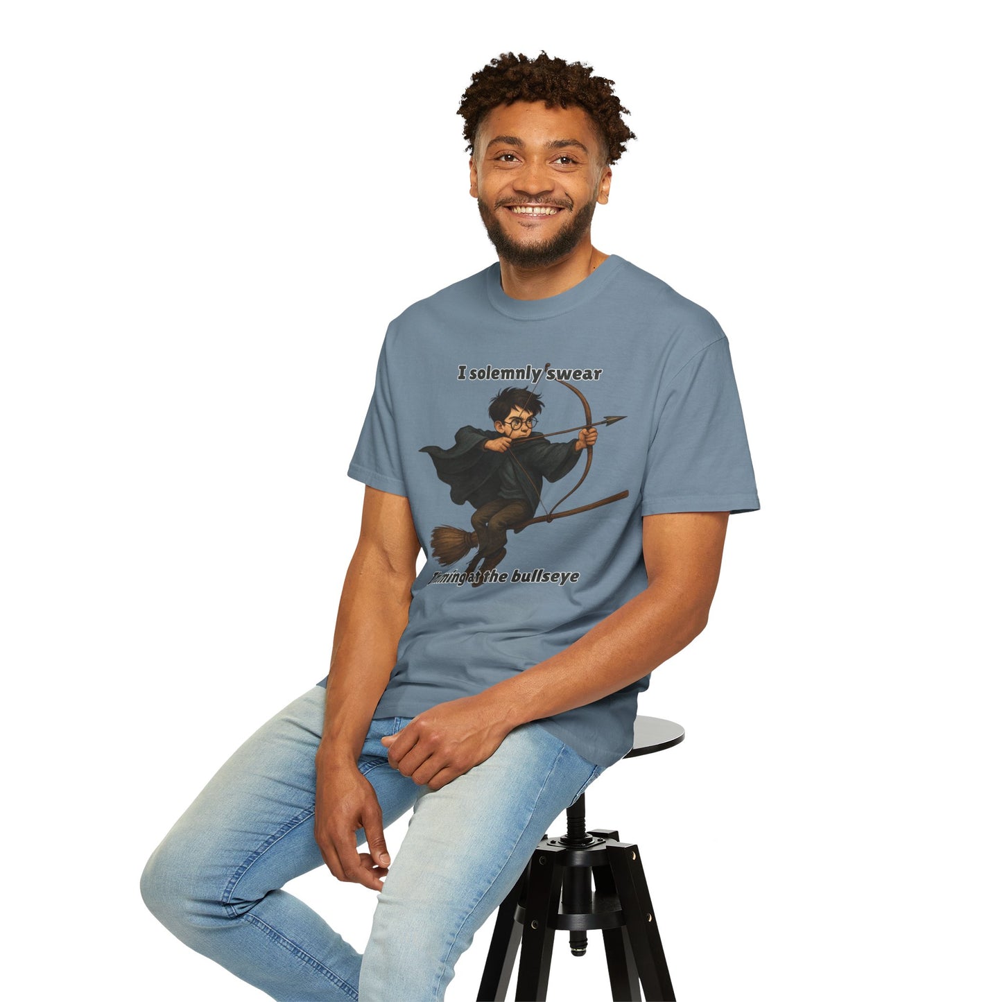 Humorous Wizard Archery T-Shirt, Quirky Gift for Fans, Magic Lover Tee, Cartoon Character Shirt, Ideal for Birthdays & Events
