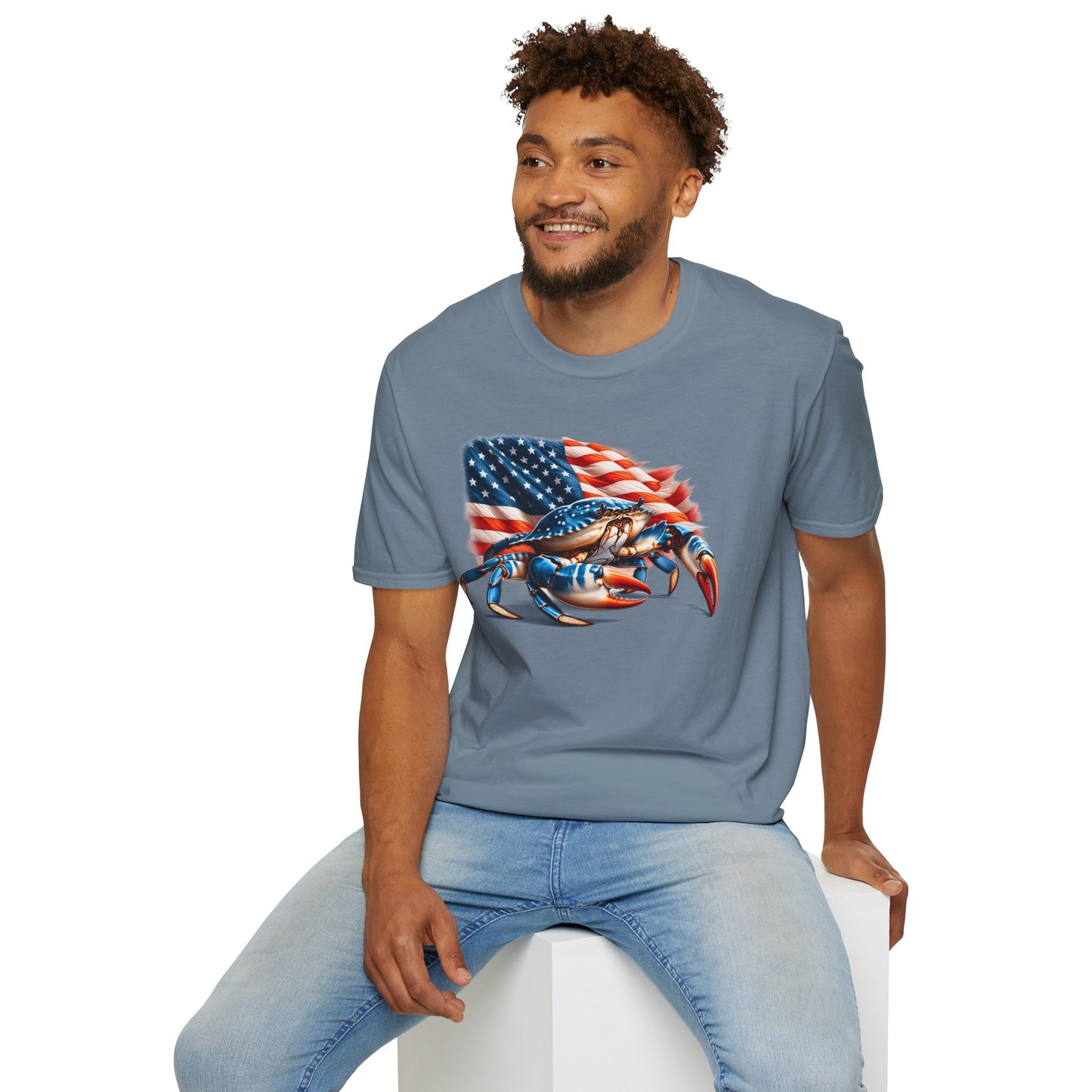 Patriotic Men's T-Shirt with Blue Crab and American Flag Design
