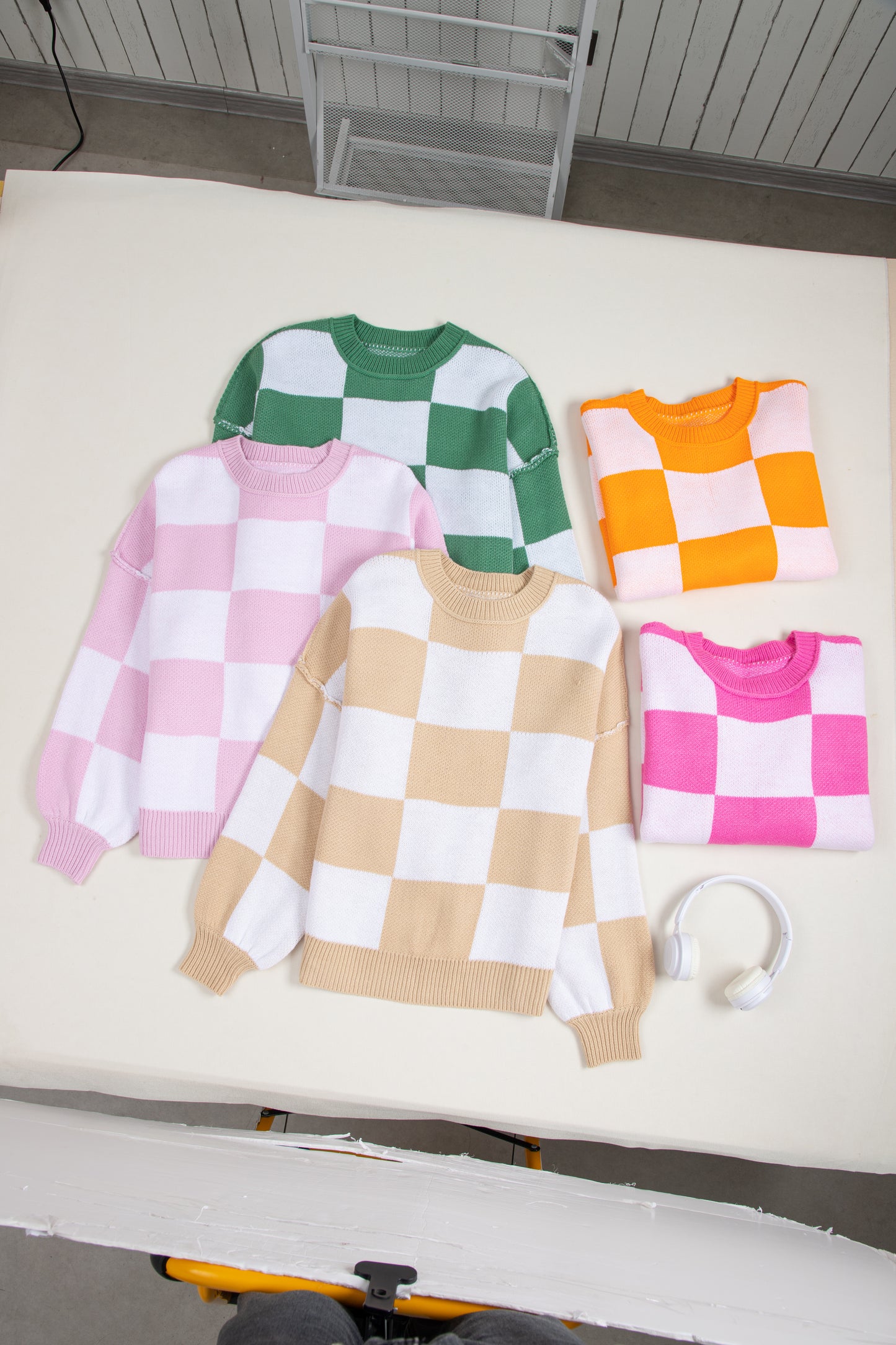 Rose Checkered Bishop Sleeve Sweater