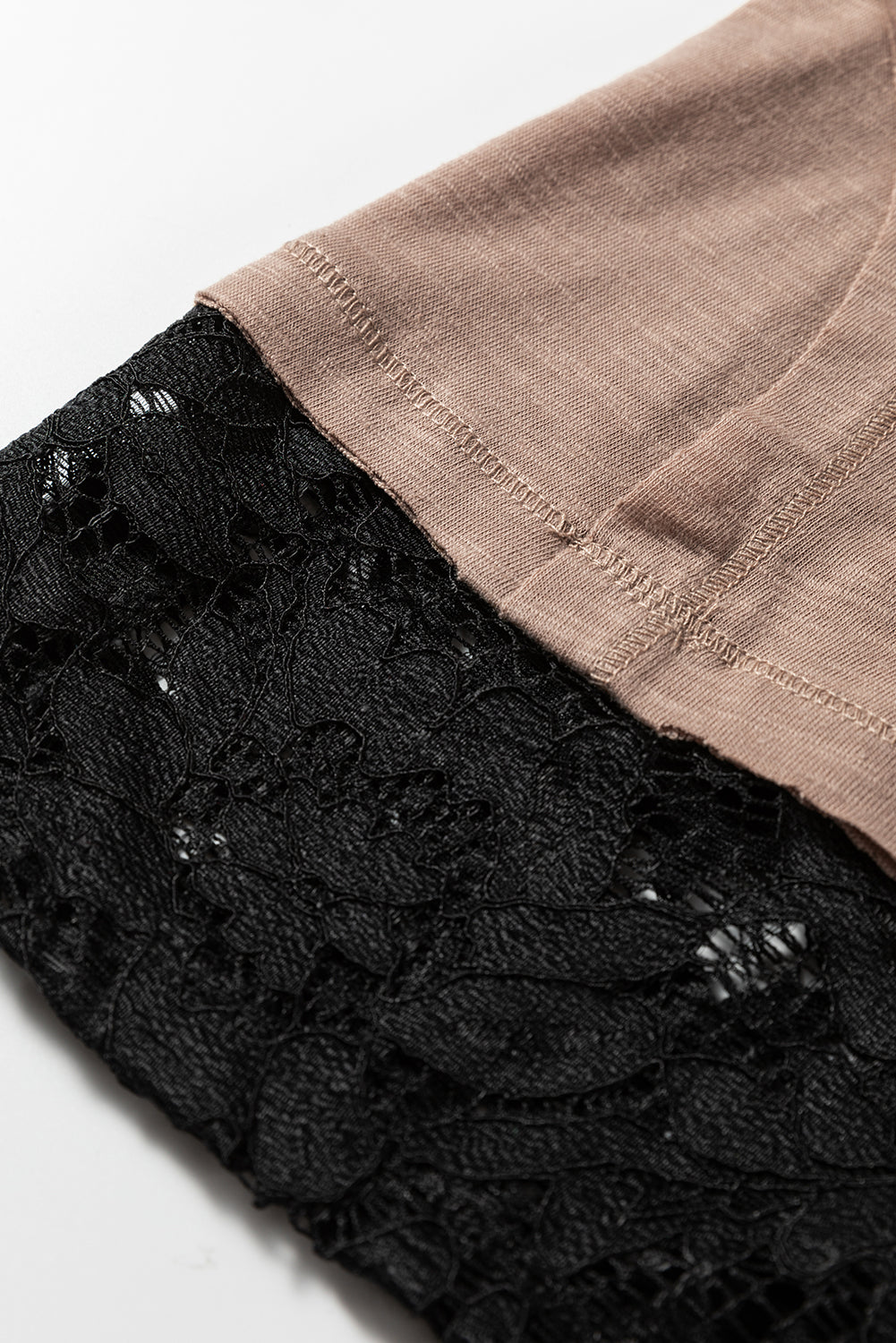 Light French Beige Sheer Lace Patchwork Casual Long Sleeve Tee