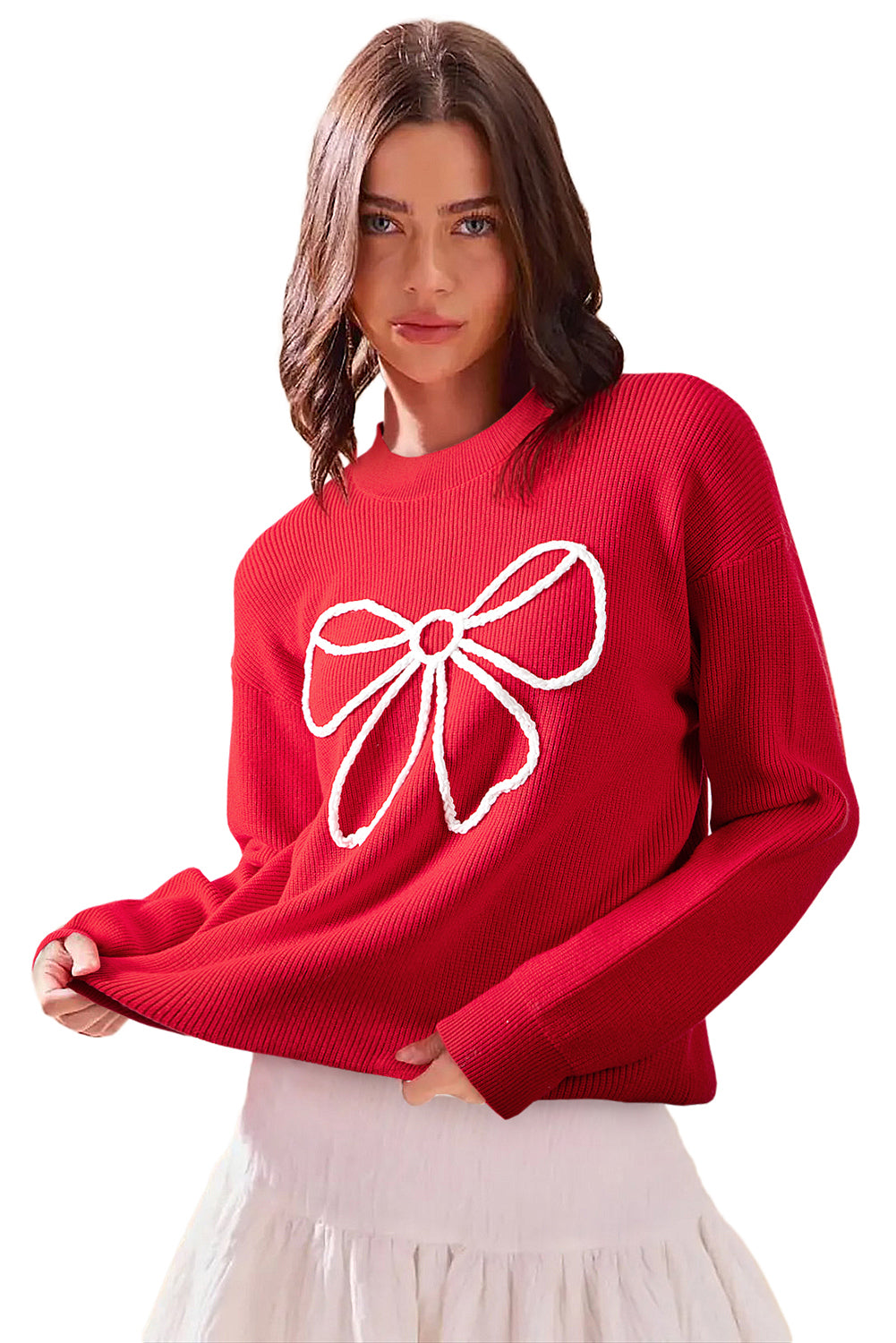 Fiery Red Bow Embroidered Graphic Ribbed Sweater Top