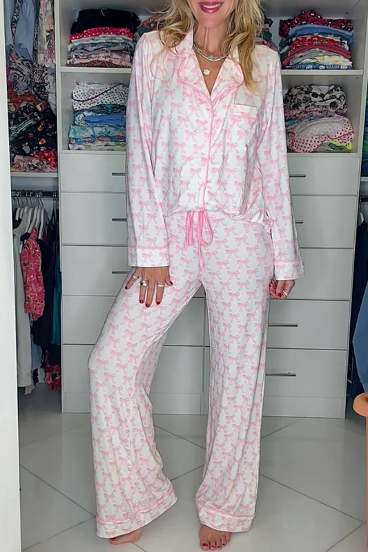 Pink Bow Print Long Sleeve Shirt and Pants Soft Pajama Set