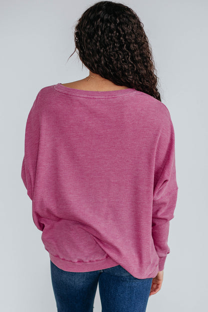 Bright Pink Waffle Knit Patchwork Long Sleeve Loose Top