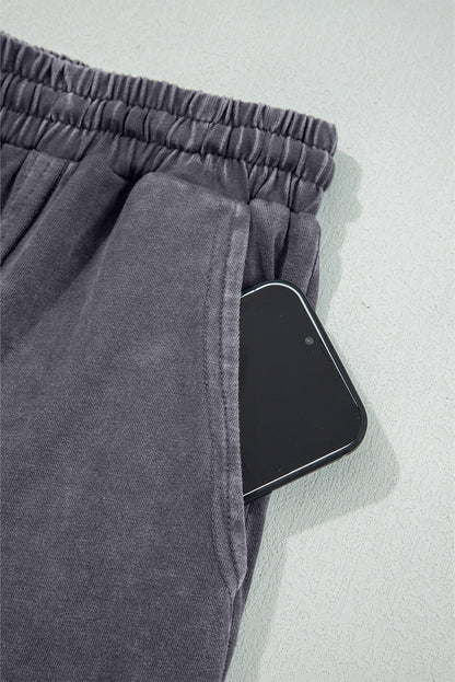 Light Grey Flower Patch Mineral Washed Terry Knit Cropped Wide Leg Pants