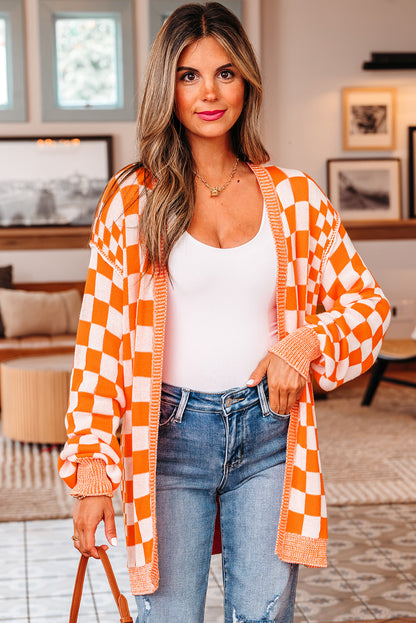 Orange Checkered Open Front Drop Shoulder Cardigan