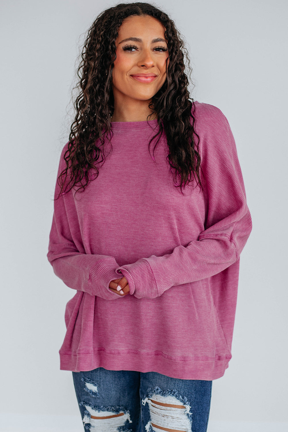Bright Pink Waffle Knit Patchwork Long Sleeve Loose Top