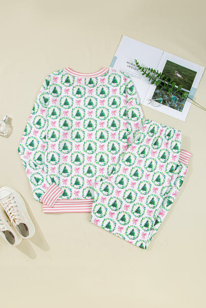 Green Bow Christmas Tree Print Contrast Striped Banding 2pcs Lounge Set