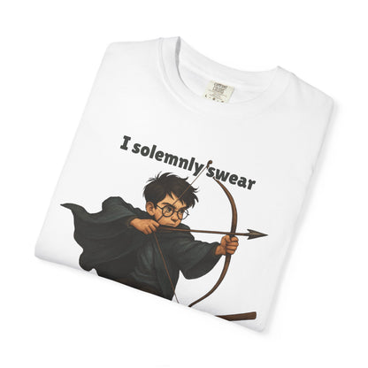 Humorous Wizard Archery T-Shirt, Quirky Gift for Fans, Magic Lover Tee, Cartoon Character Shirt, Ideal for Birthdays & Events
