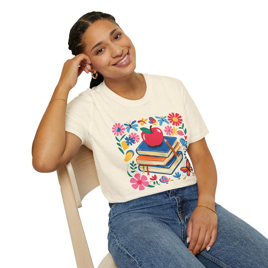 Colorful Apple and Books Unisex Softstyle T-Shirt - Perfect for Teachers and Students