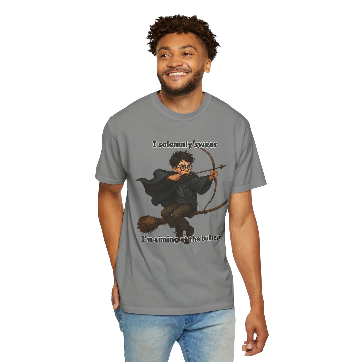Humorous Wizard Archery T-Shirt, Quirky Gift for Fans, Magic Lover Tee, Cartoon Character Shirt, Ideal for Birthdays & Events