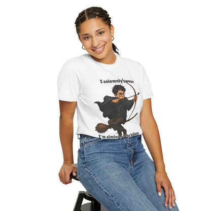 Humorous Wizard Archery T-Shirt, Quirky Gift for Fans, Magic Lover Tee, Cartoon Character Shirt, Ideal for Birthdays & Events