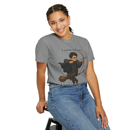 Humorous Wizard Archery T-Shirt, Quirky Gift for Fans, Magic Lover Tee, Cartoon Character Shirt, Ideal for Birthdays & Events