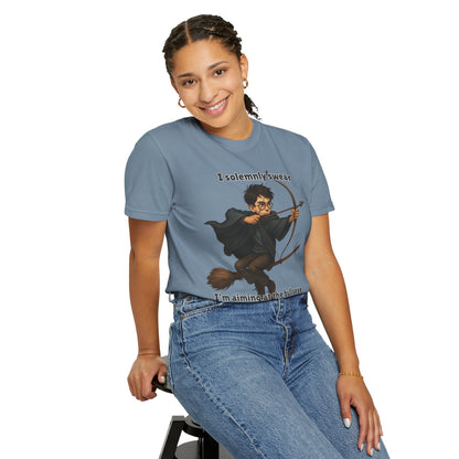 Humorous Wizard Archery T-Shirt, Quirky Gift for Fans, Magic Lover Tee, Cartoon Character Shirt, Ideal for Birthdays & Events