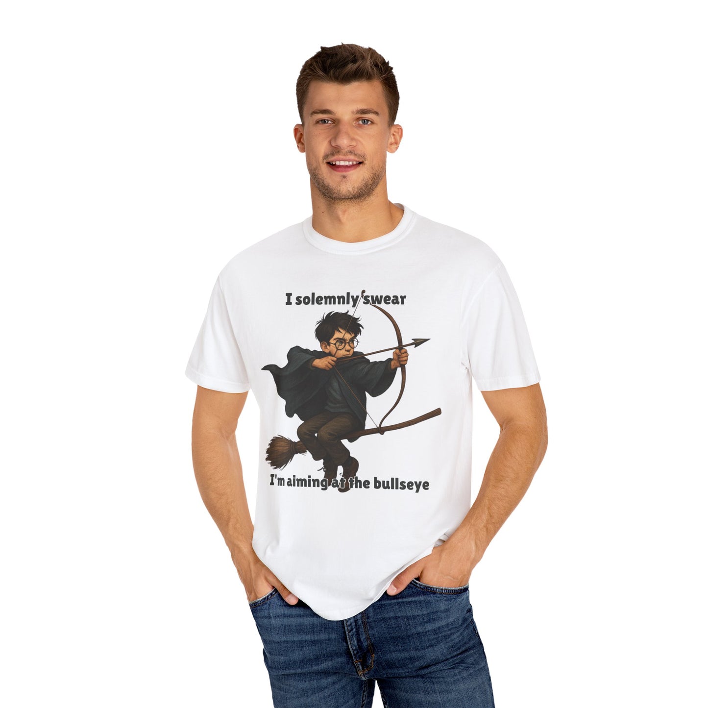Humorous Wizard Archery T-Shirt, Quirky Gift for Fans, Magic Lover Tee, Cartoon Character Shirt, Ideal for Birthdays & Events