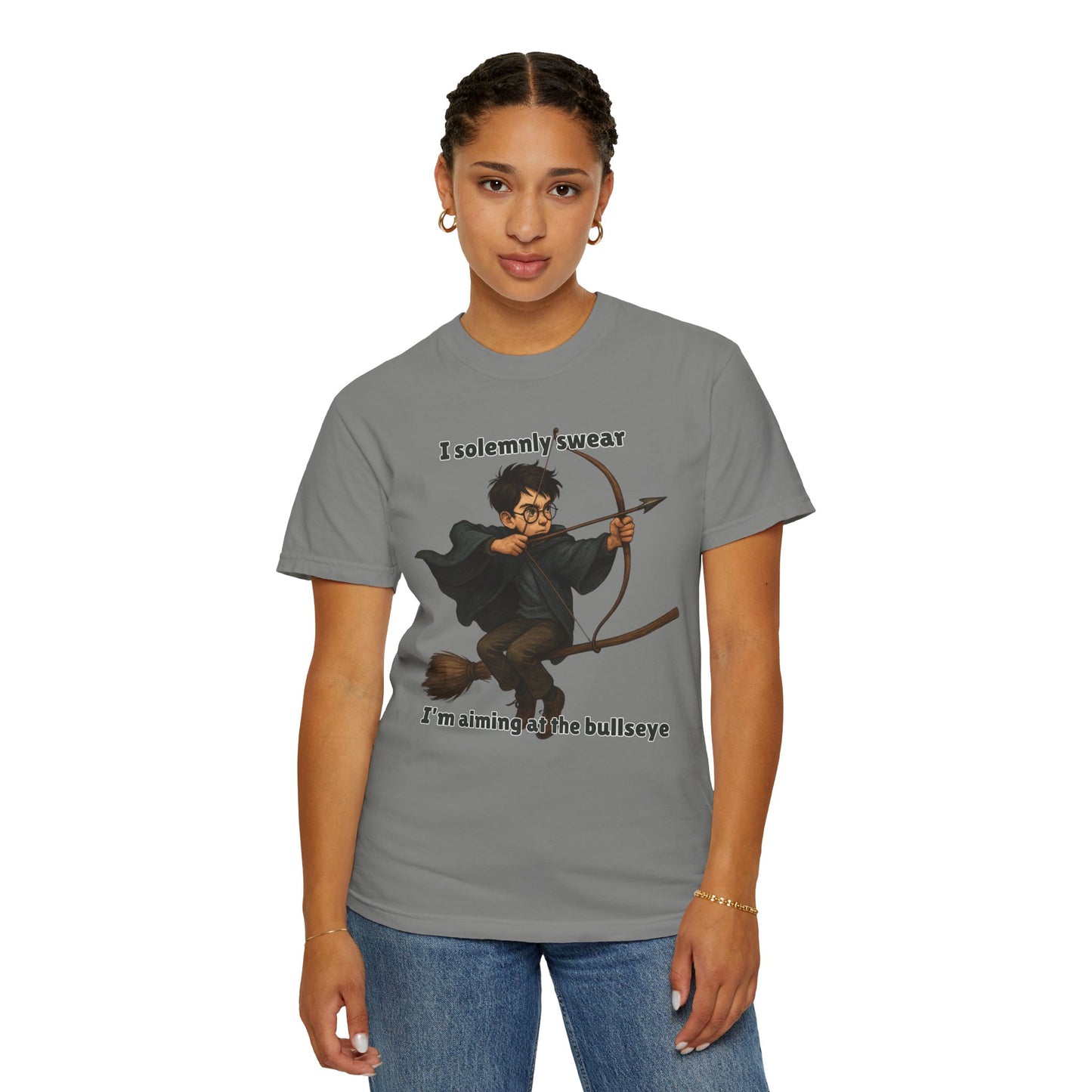 Humorous Wizard Archery T-Shirt, Quirky Gift for Fans, Magic Lover Tee, Cartoon Character Shirt, Ideal for Birthdays & Events