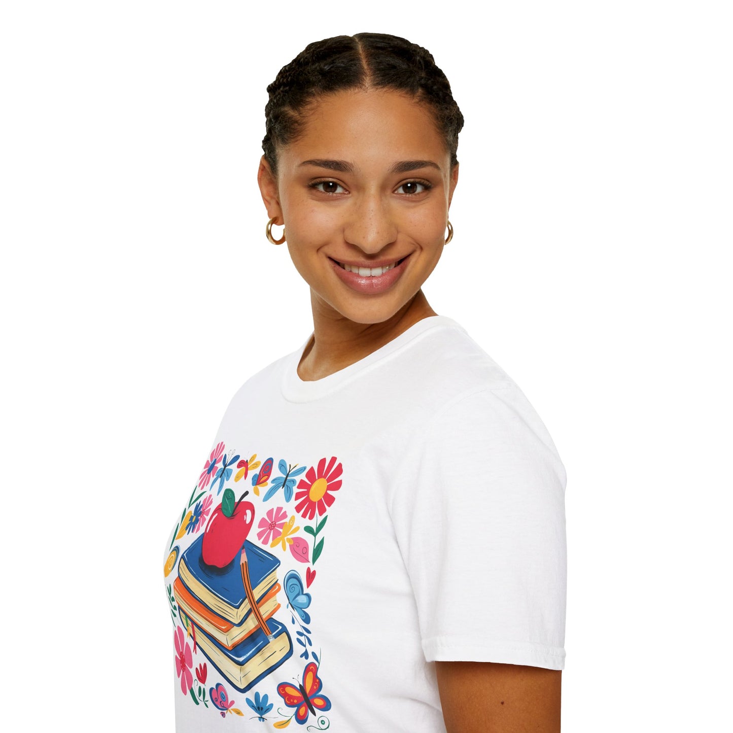 Colorful Apple and Books Unisex Softstyle T-Shirt - Perfect for Teachers and Students