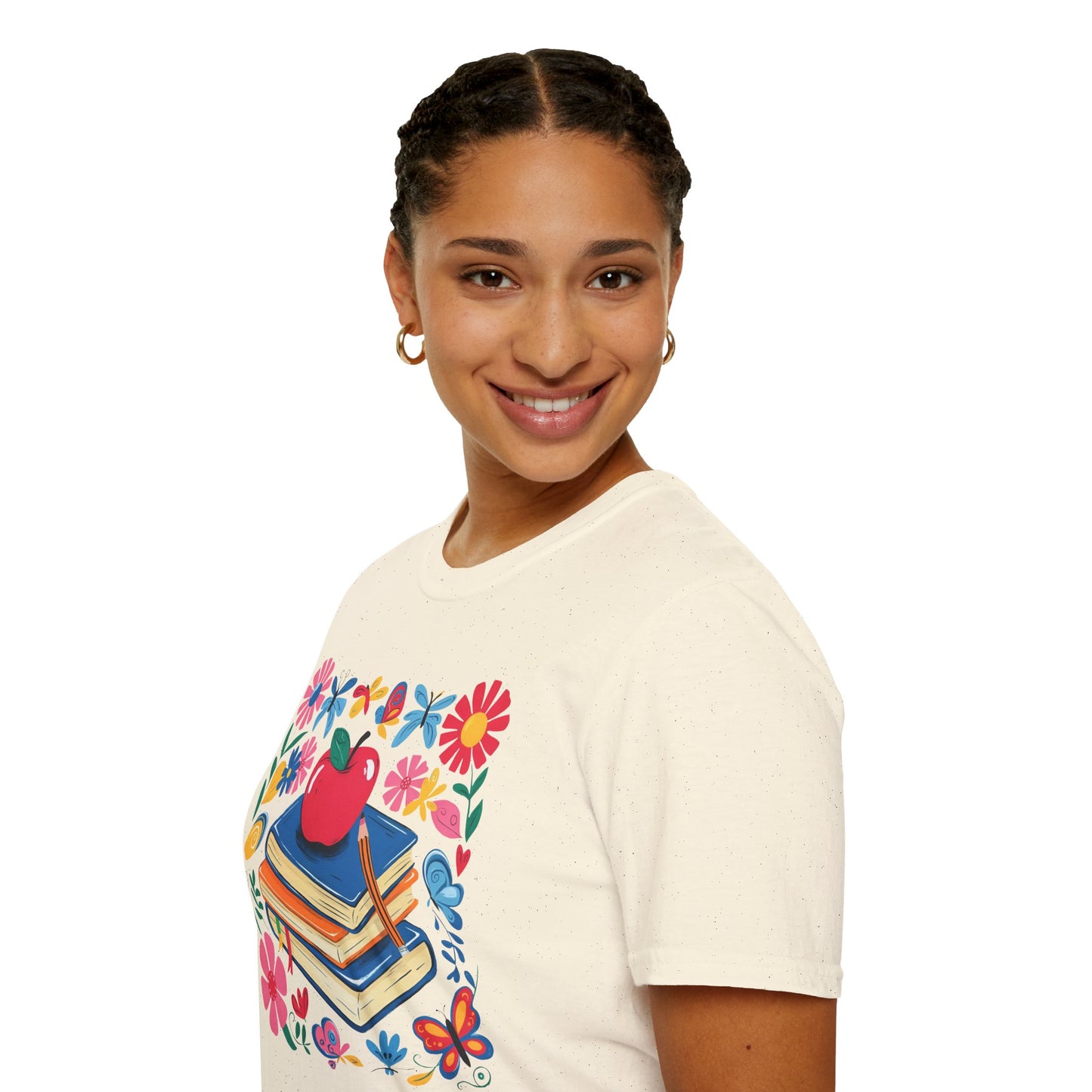 Colorful Apple and Books Unisex Softstyle T-Shirt - Perfect for Teachers and Students