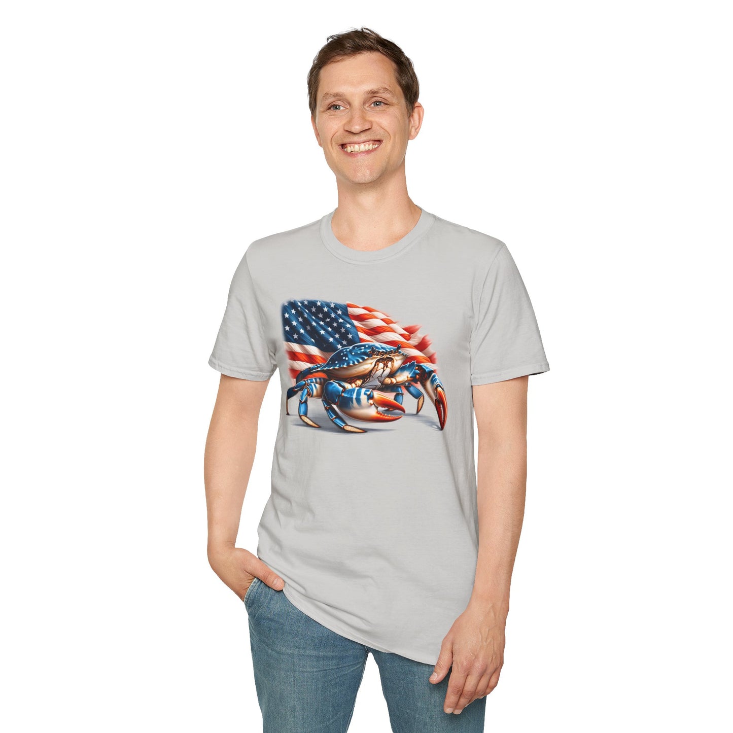 Patriotic Men's T-Shirt with Blue Crab and American Flag Design