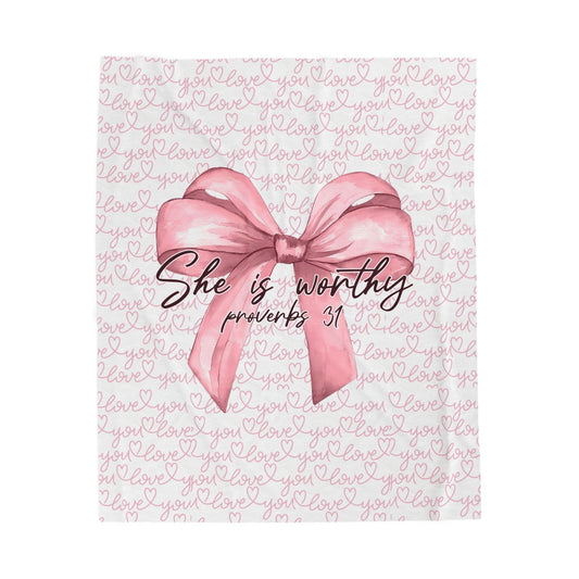 Pink Bow Decorative Throw Blanket with Encouraging Bible Verse