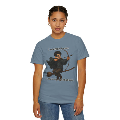 Humorous Wizard Archery T-Shirt, Quirky Gift for Fans, Magic Lover Tee, Cartoon Character Shirt, Ideal for Birthdays & Events